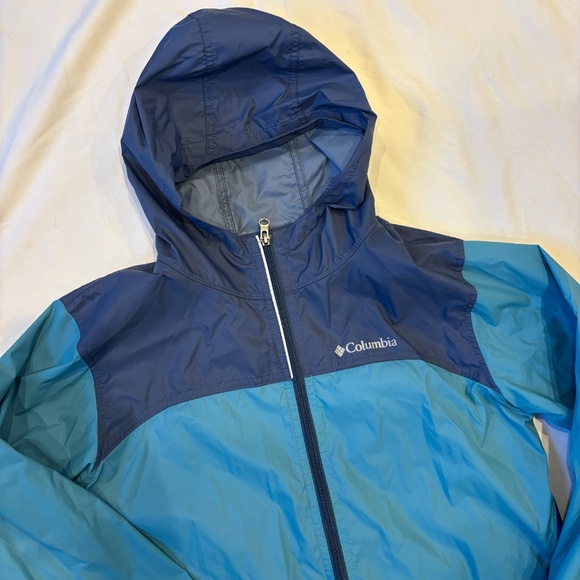 Columbia Boys Windbreaker Jacket Hooded Blue Size L (14/16) Lightweight Nylon - Picture 1 of 9
